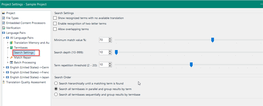 Trados Studio Project Settings window showing Termbases and Search Settings with options for search terms, minimum match value, and search order.