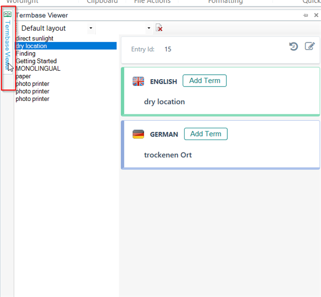 Termbase Viewer window in Trados Studio displaying a list of terms with English and German translations for 'dry location'.