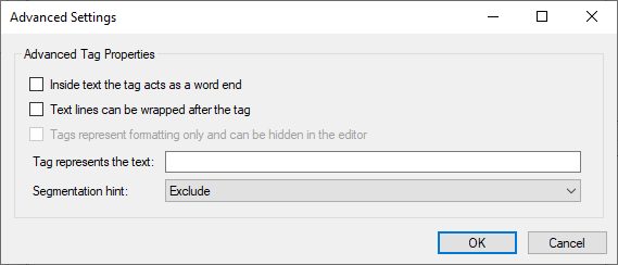 Trados Studio Advanced Settings dialog box showing options for Advanced Tag Properties with 'Exclude' selected in the Segmentation hint dropdown menu.