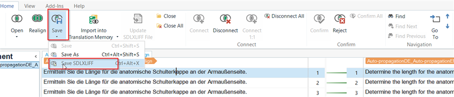 Trados Studio screenshot showing the 'Save' dropdown menu with options 'Save As' and 'Save SDLXLIFF', with the 'Save SDLXLIFF' option highlighted.