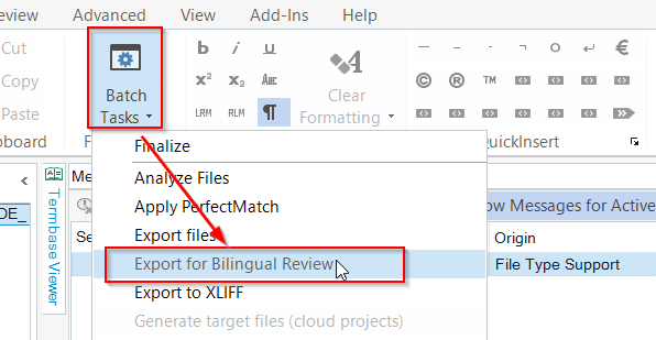 Trados Studio screenshot highlighting the 'Batch Tasks' dropdown menu with the option 'Export for Bilingual Review' selected.