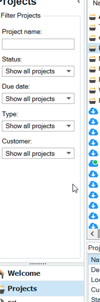 Trados Studio screenshot showing the Projects filter panel with options for Project name, Status, Due date, Type, and Customer all set to 'Show all projects'.