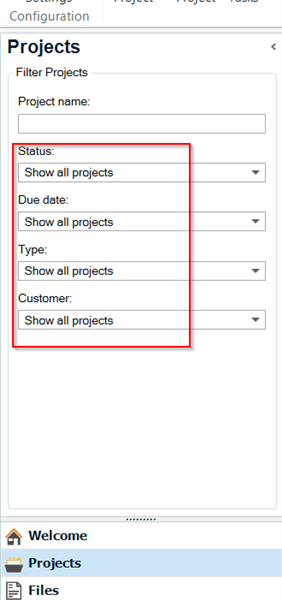 Trados Studio screenshot showing the Projects filter pane with 'Show all projects' selected for Status, Due date, Type, and Customer filters.