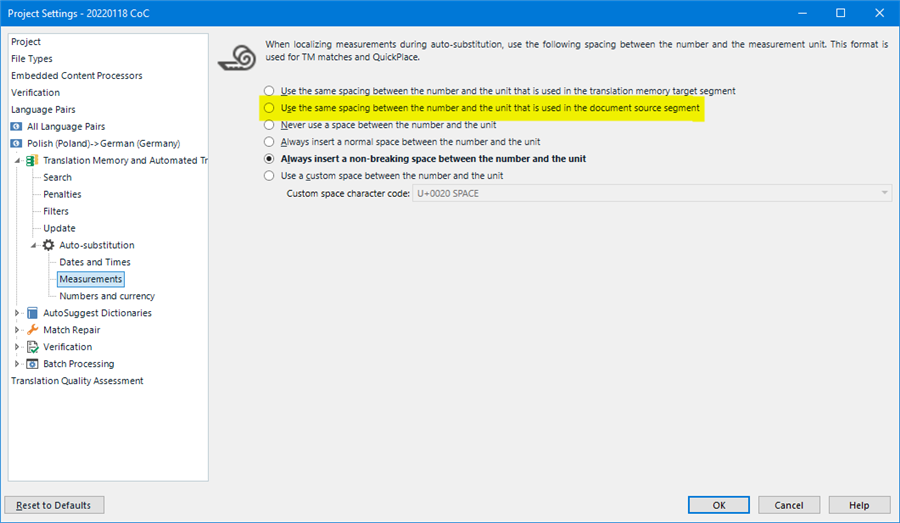 Trados Studio Project Settings window showing options for auto-substitution of measurements with selected option to use the same spacing between number and unit in the document source segment.
