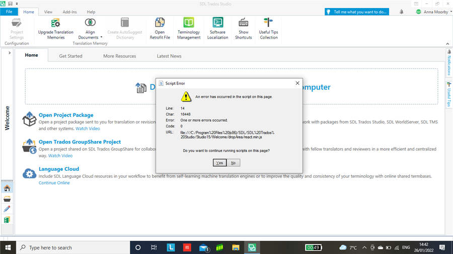 Trados Studio error message popup saying 'An error has occurred in the script on this page' with options to click 'Yes' or 'No'.