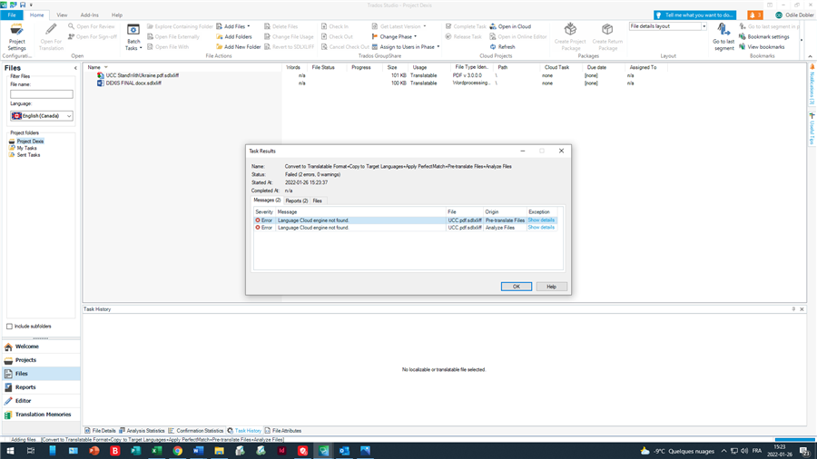 Trados Studio task results window showing 'Language Cloud engine not found' error for two files.