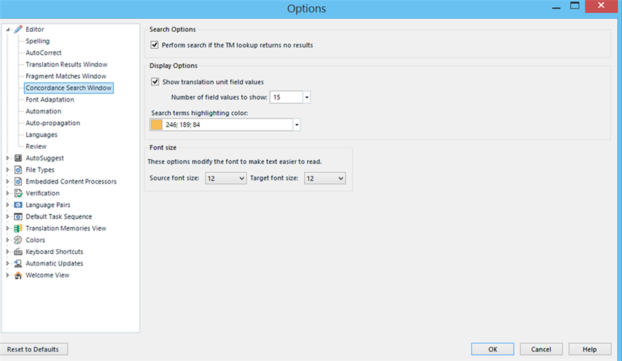 Trados Studio Options window with Concordance Search Window settings, no results issue not visible.