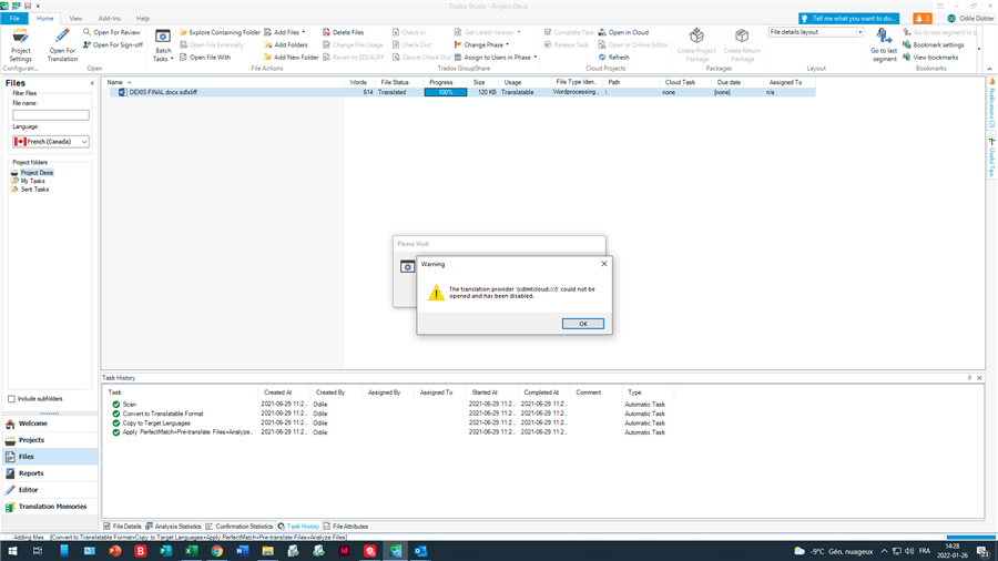 Warning message in Trados Studio indicating that the translation provider 'sdl.languagecloud' could not be opened and has been disabled.