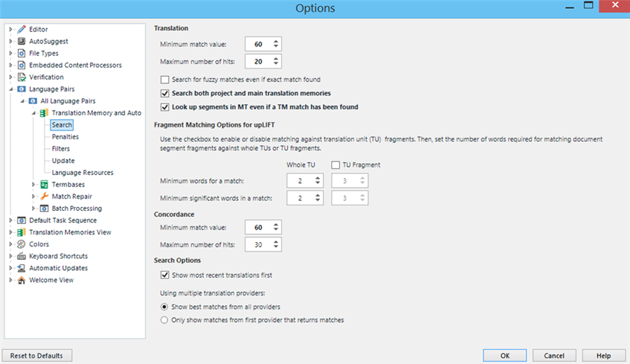 Trados Studio Options window with Translation and Search settings, no visible problems.
