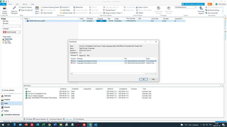Error message in Trados Studio stating 'Language Cloud engine not found' when attempting to convert to translate format.