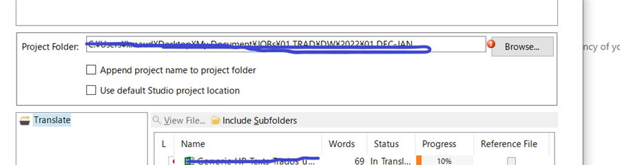 Trados Studio project folder path field with a long file path entered and a 'Browse' button to the right.