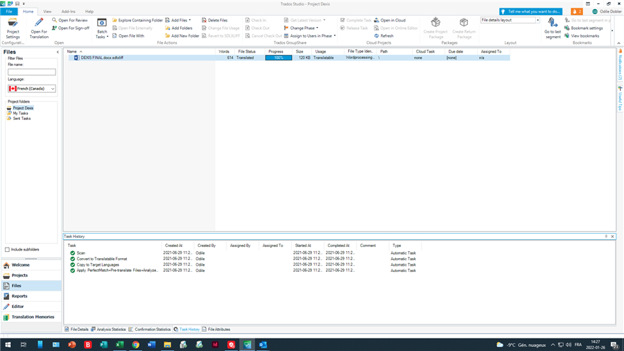 Trados Studio project files view showing a translated English to French file with status 'Translated' and no visible errors.