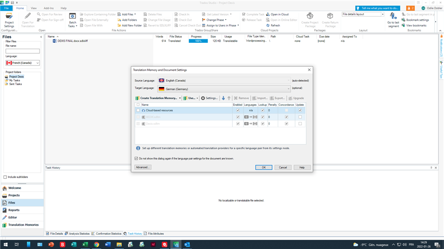 Trados Studio Translation Memory and Document Settings window with English (Canada) as source and French (Canada) as target language.