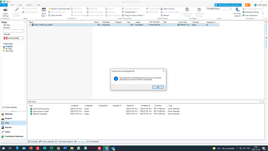 Trados Studio error message 'Cannot open cloud project file' with details 'This project file is still being processed or you do not have permission to lock or edit the current project file.'