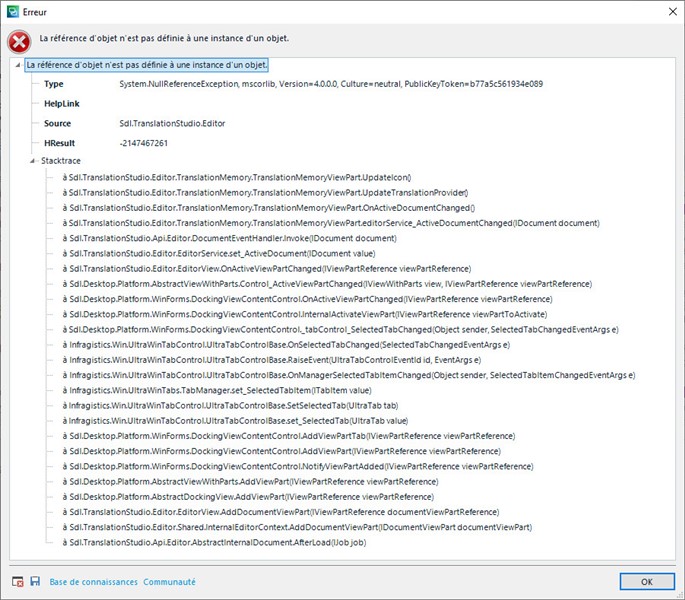 Error message in Trados Studio 2021 showing 'La reference d'objet n'est pas definie a une instance d'un objet' indicating a null reference exception.