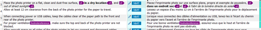 Screenshot of Trados Studio showing a translation segment with a footnote tag highlighted in purple and a warning about proper ventilation.