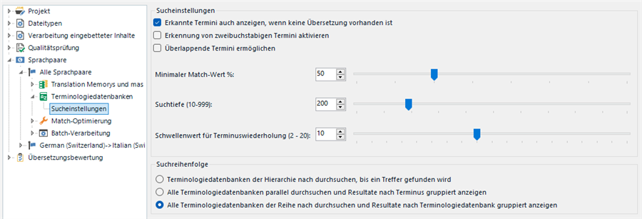 Screenshot of Trados Studio search settings with sliders for minimum match value and search depth, possibly related to the terminology preview issue.