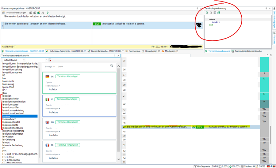 Screenshot of Trados Studio interface showing the terminology recognition window with only 'Isolator' displayed instead of all 'isola' prefixed terms.