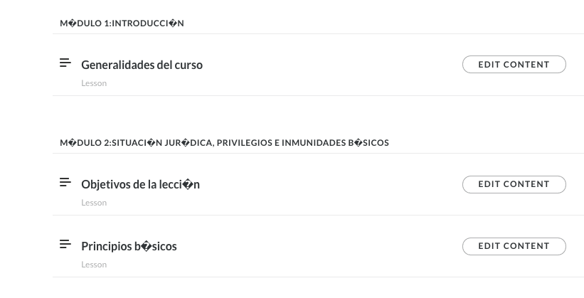 Screenshot of a virtual learning platform showing text with encoding errors, where characters with accents are replaced by symbols in words like 'INTRODUCCI N', 'SITUACI N JUR DICA', and 'lecci n'.