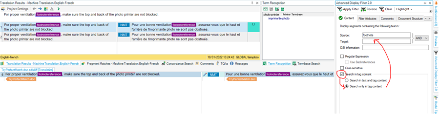 Trados Studio Advanced Display Filter panel with options to search in tag and text content, highlighting the 'footnotereference' tag.