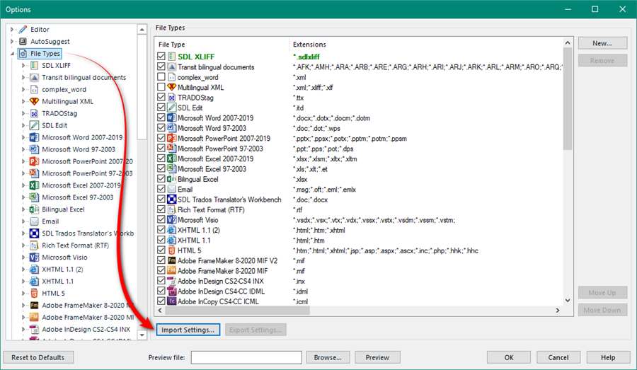 Trados Studio options window showing File Types list with a red arrow pointing to the 'Import Settings...' button indicating the action to import XML file settings.