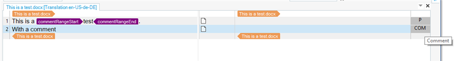 Trados Studio editor view showing a segment with a localised comment highlighted in purple and a comment box on the right.