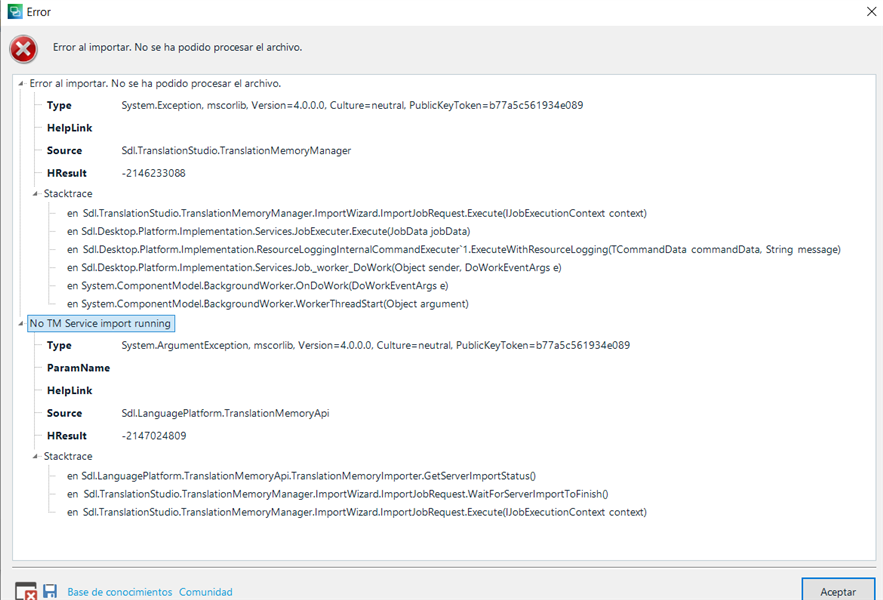 Detailed error message in Trados Studio indicating a System.Exception and a stack trace related to TranslationMemoryManager and JobExecutor.