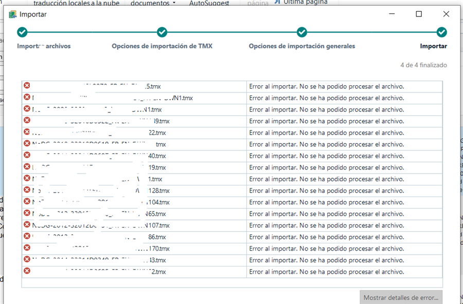 Screenshot of Trados Studio showing multiple import errors for TMX files with the message 'Error al importar. No se ha podido procesar el archivo.'