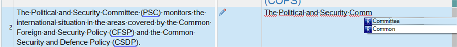 Screenshot of Trados Studio showing a segment of text with two highlighted terms 'Committee' and 'Common' and corresponding suggestions in the translation results pane.