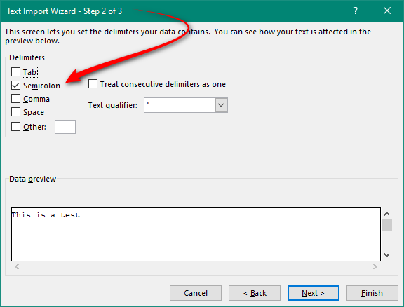 Text Import Wizard in Trados Studio with the delimiter option set to semicolon and a data preview showing text separated by semicolons.