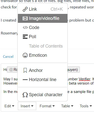 Email composition window with an 'Insert' dropdown menu open showing options such as Link, Imagevideofile, Code, and others.