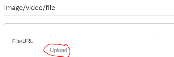 Close-up of an 'Imagevideofile' upload interface with an 'Upload' button highlighted.
