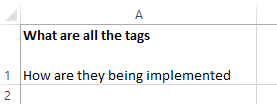 Excel spreadsheet with two cells containing text 'What are all the tags' and 'How are they being implemented'.