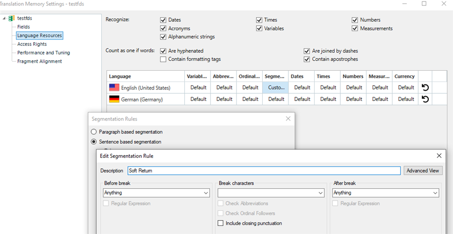 Trados Studio Translation Memory Settings window with a section for Segmentation Rules and an Edit Segmentation Rule dialog box open.