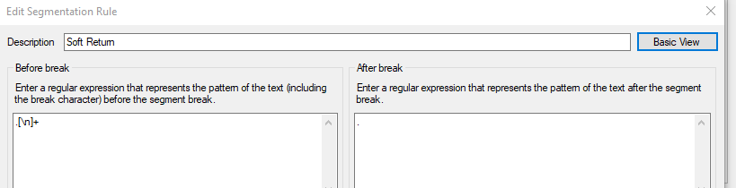 Close-up of the Edit Segmentation Rule dialog box with 'Soft Return' description and regular expressions entered for 'Before break' and 'After break'.