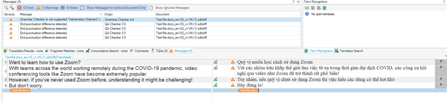 Screenshot of Trados Studio showing error messages related to grammar checker not supported for Vietnamese, end punctuation differences, and bad punctuation after detected.
