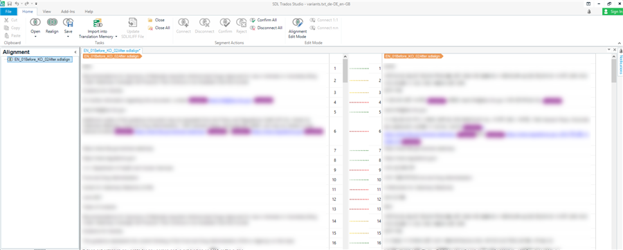 Trados Studio interface showing a document open with text segments and a warning message indicating a file update is needed.