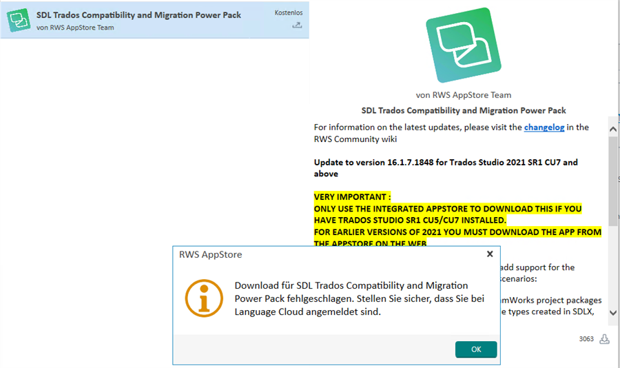 Screenshot of SDL Trados Compatibility and Migration Power Pack page on RWS AppStore with an error message stating 'Download for SDL Trados Compatibility and Migration Power Pack failed. Make sure you are logged in to Language Cloud.'