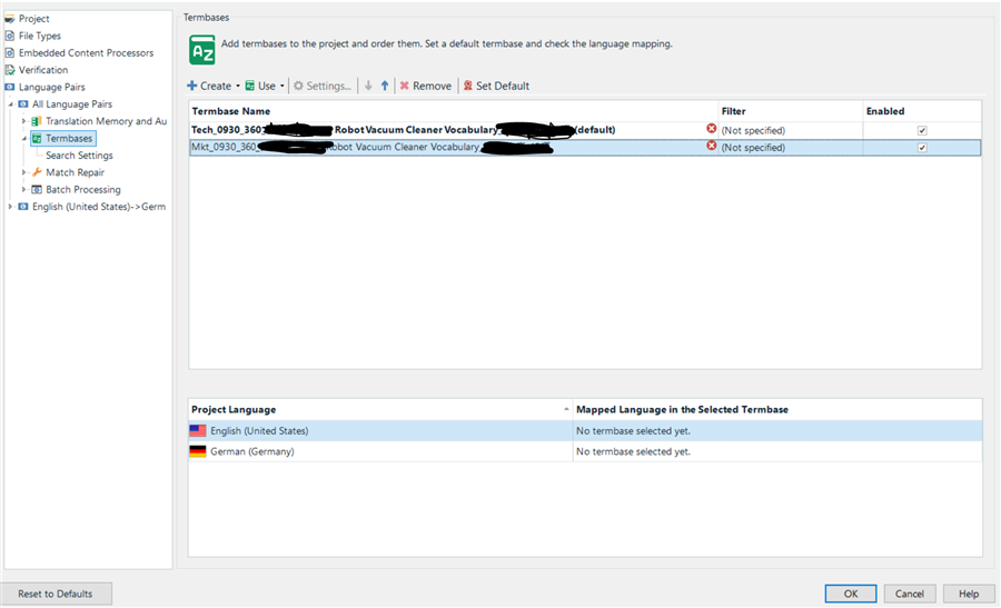 Screenshot of Trados Studio showing the Termbases section with two termbases listed, 'Robot Vacuum Cleaner Vocabulary', one set as default. The 'Mapped Language in the Selected Termbase' section reads 'No termbase selected yet.'
