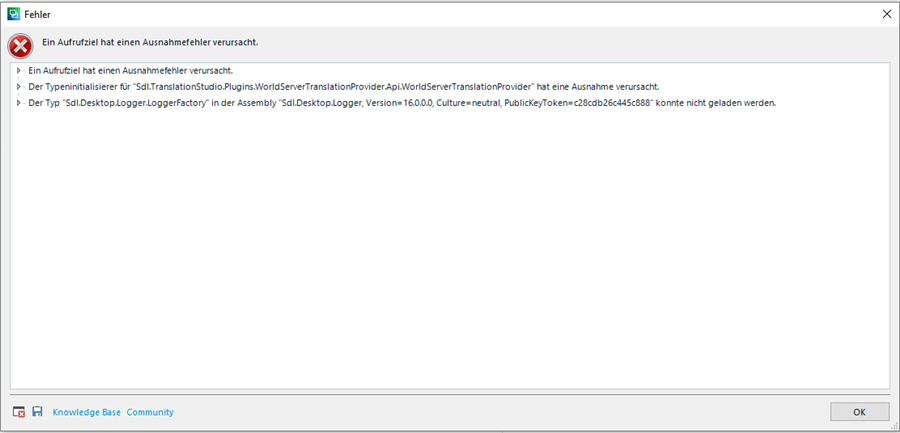 Error message in Trados Studio stating 'An exception error has occurred during a job execution.' and mentioning issues with 'Sdl.TranslationStudio.Plugins.WorldServerTranslationProvider' and 'Sdl.Desktop.Logger.LoggerFactory'.