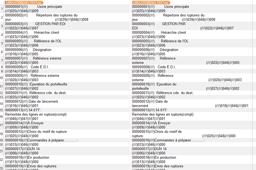 Screenshot of a TXT file opened in Trados Studio 2019 with misaligned columns. The text from column 2 is not isolated for translation, indicating an error in file type settings.