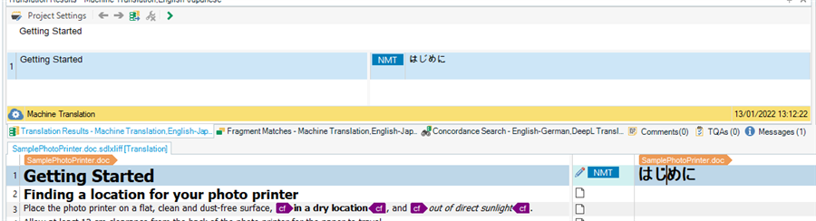 Trados Studio translation workspace with a document open showing English to Japanese machine translation results, with some segments untranslated.