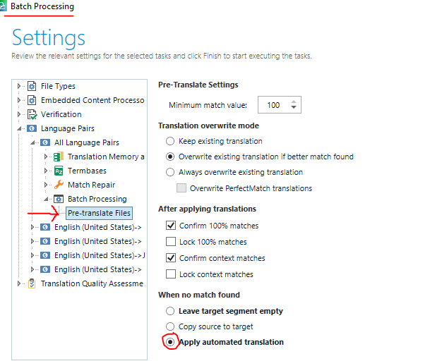 Trados Studio settings window showing Batch Processing and Pre-translate Files options with 'Apply automated translation' selected for segments not matched.