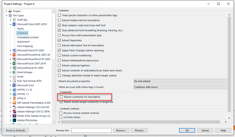 Trados Studio Project Settings dialog box with 'Extract comments for translation' unchecked and 'Retain Studio target comments in target file' checked under Comments section.