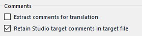 Trados Studio screenshot showing Comments options with 'Extract comments for translation' unchecked and 'Retain Studio target comments in target file' checked.
