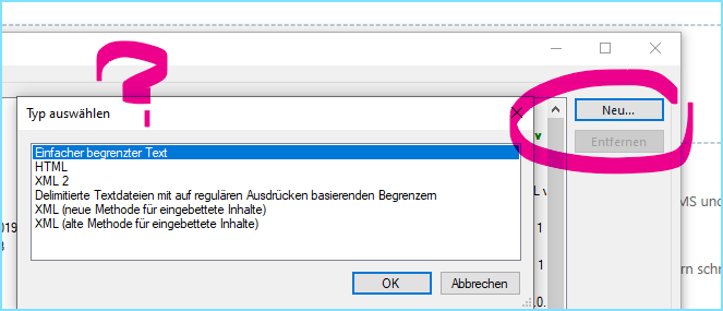 Trados Studio dialog box with an error icon, showing a dropdown menu for 'Typ auswahlen' with options like 'Einfacher begrenzter Text', 'HTML', 'XML 2', and others. A 'Neu...' button is circled, indicating a possible action.