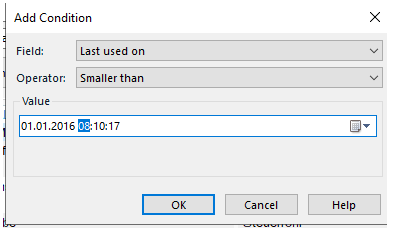 Trados Studio 'Add Condition' dialog box with 'Field' set to 'Last used on', 'Operator' set to 'Smaller than', and 'Value' set to '01.01.2016 08:10:17'. Buttons for 'OK', 'Cancel', and 'Help' are visible.