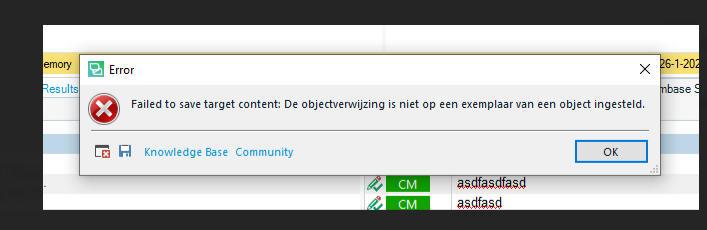 Error message in Trados Studio saying 'Failed to save target content: De objectverwijzing is niet op een exemplaar van een object ingesteld.' with an OK button.
