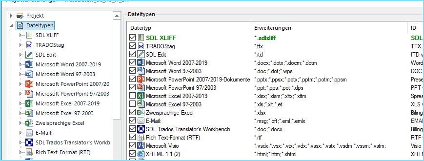 Trados Studio project view showing file types, but Excelling Studio XML is not listed, preventing further options like length check or task creation.