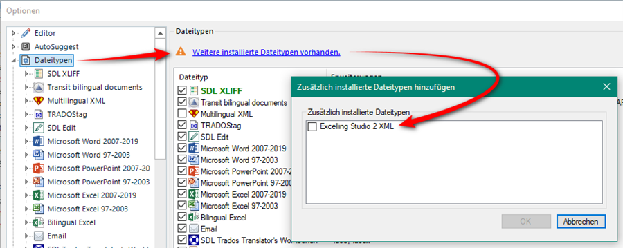 Trados Studio options menu showing file types with a red arrow pointing to 'Excelling Studio 2 XML' in the additional installed file types list.